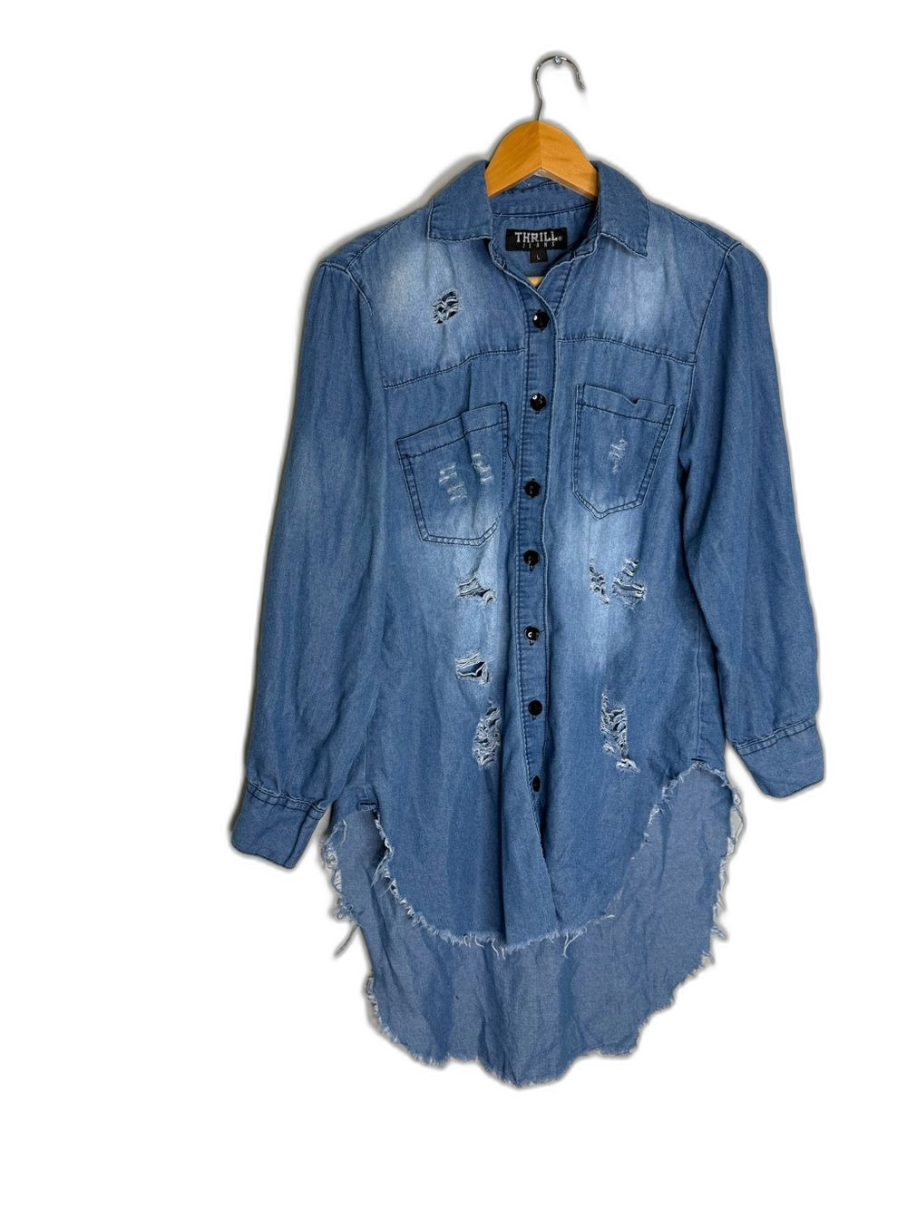 Thrill Jeans Denim Shirt Women’s Large Blue Distressed Denim Shirt Jacket Grunge